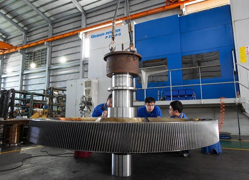 In-house inspection of the newly manufactured large air compressor replacement gear